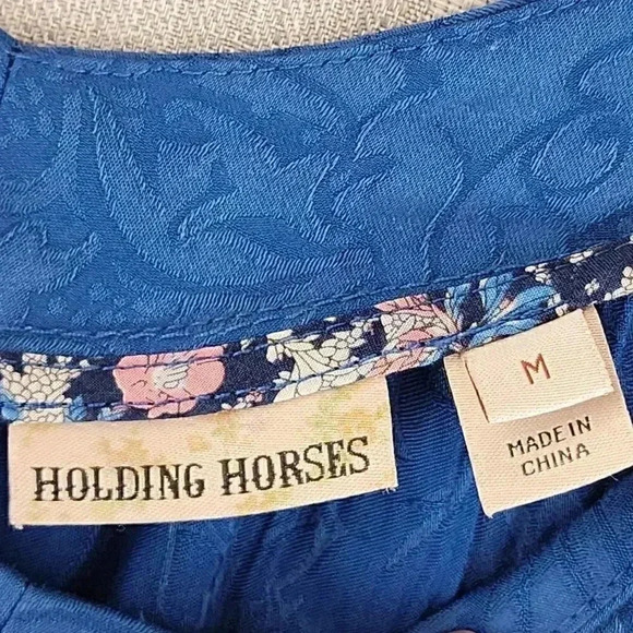 Anthropologie Holding Horse V Neck Blue Pattern Cold Shoulder Shift Dress M - Picture 8 of 11
